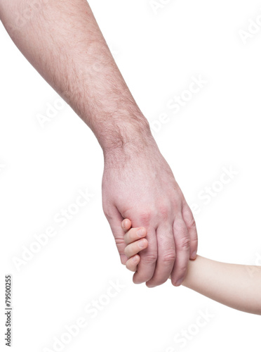 Father holding his child hand isolated