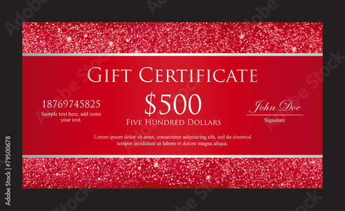 Luxury red gift certificate with borders from glitters