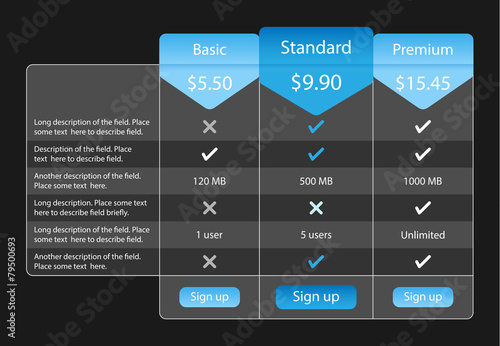 Light pricing table with 3 options and one recommended.