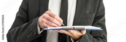 Slika na platnu Writing notes on paper in clipboard folder