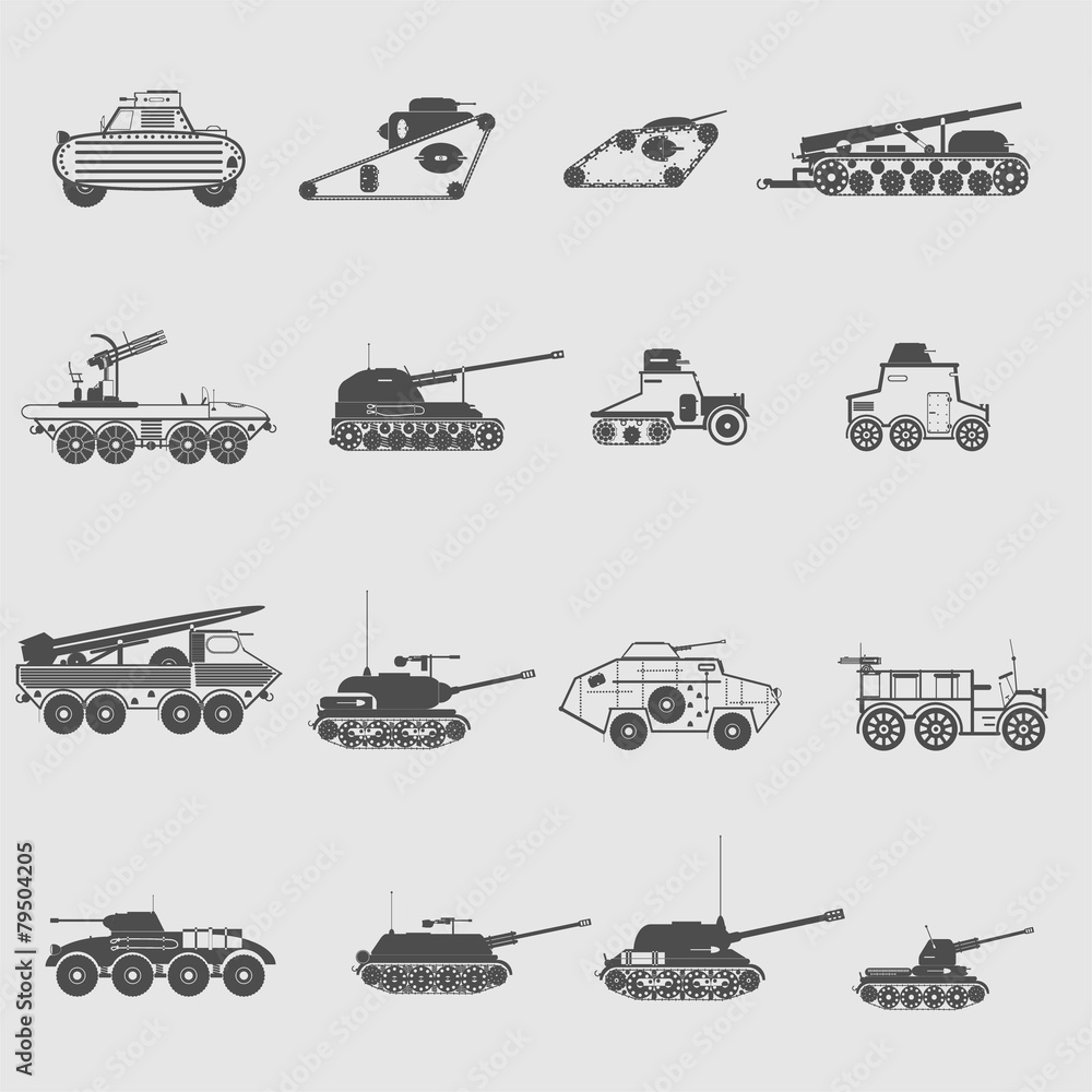 monochrome icon set with military equipment and artileriya monochrome icon set with military equipment and artileriya