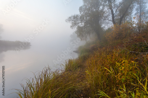 Morning on the bank of autumn lake