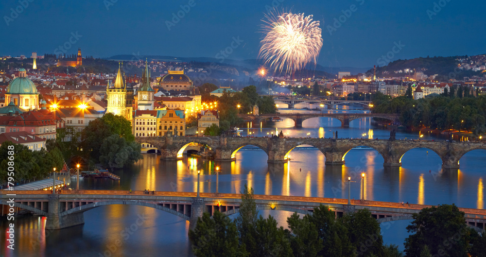 Fototapeta premium Panorama of Prague after sunset with fireworks