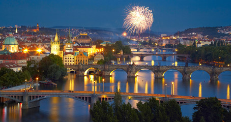 Panorama of Prague after sunset with fireworks