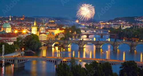 Panorama of Prague after sunset with fireworks