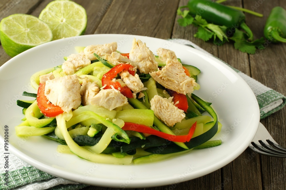 Healthy zucchini noodle dish with chicken on white plate Healthy zucchini noodle dish with chicken on white plate