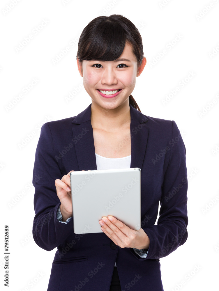 business woman smiling using tablet pc business woman smiling using tablet pc