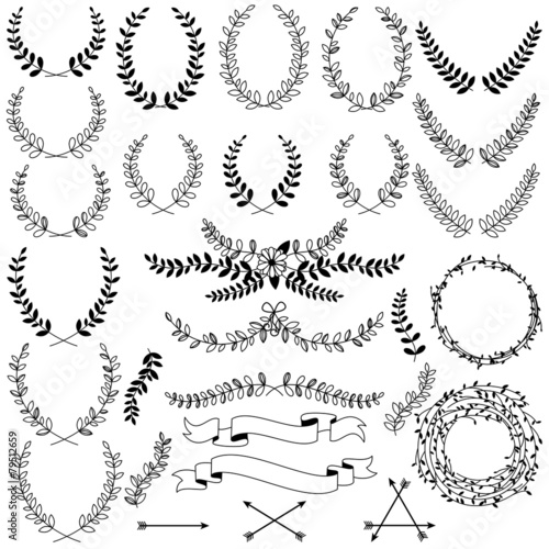 Vector Collection of Black Line Laurels, Floral Elements