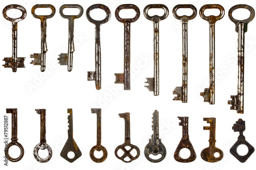 Set of old keys, isolated on white background