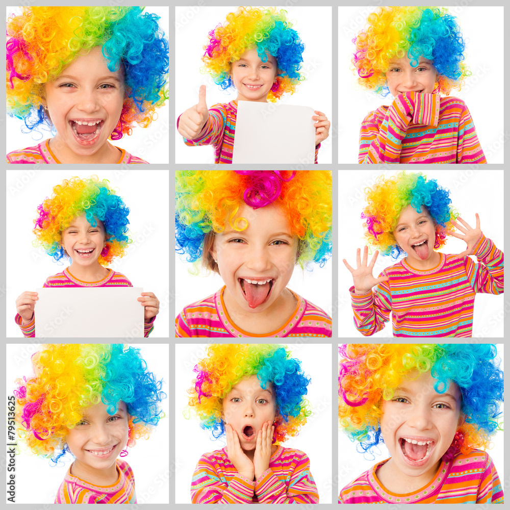 collage girl in a colorful clown wig