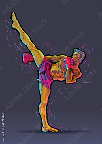 Kickboxer doing a side kick.Style of paint strokes.