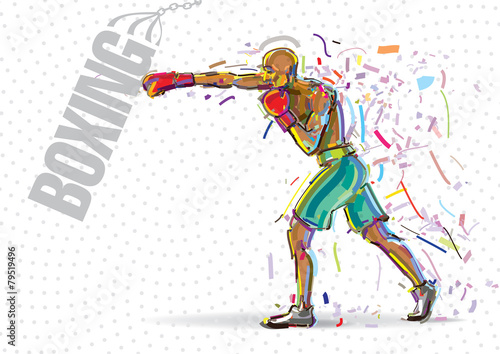 Boxing training. Artwork in the style of paint strokes.