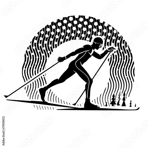 Cross-country skiing. Illustration in the engraving style