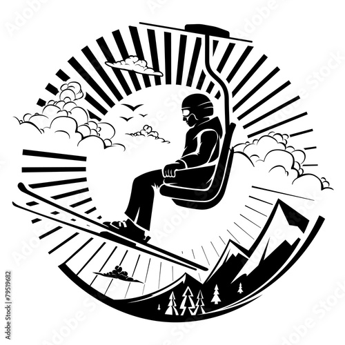 Skier sitting at ski lift in high mountains.