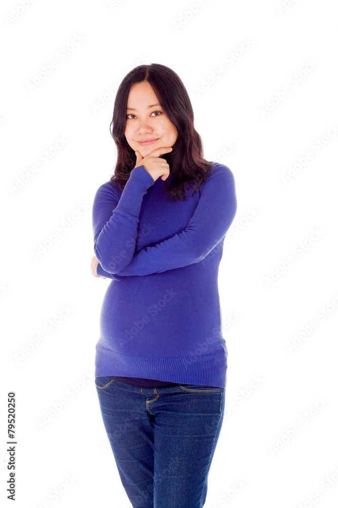Pregnant asian woman isolated on white thinking