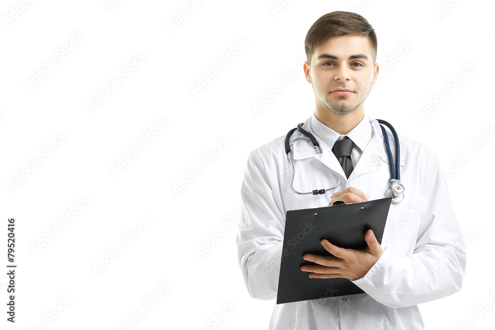 Male Doctor holding clipboard isolated on white Male Doctor holding clipboard isolated on white