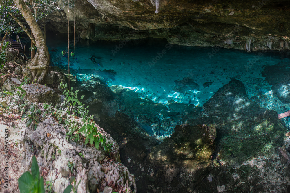 Panorama, Snorkeling Cenote cavern at Tulum. Cancun. Traveling T