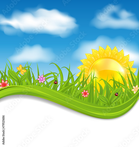Summer card with sky  cloud  sun  grass  flower  butterfly  lady