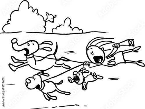 The runaway dog for a walk, Woman behind them flutters