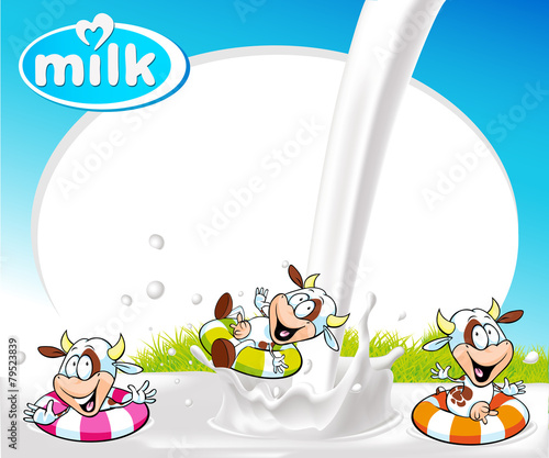 vector frame with milk splash, funny cow swimming