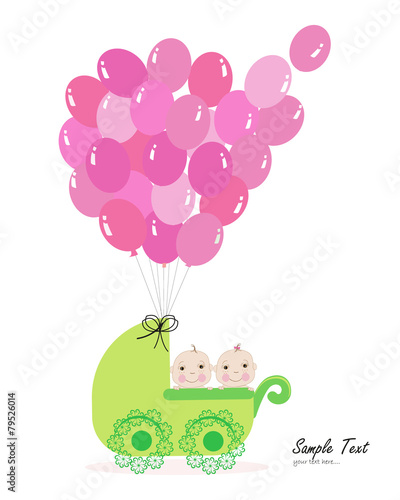Twin baby stroller with balloon vector