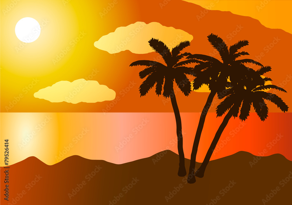 Vector illustration. Sunset in the ocean, beach, palm tree