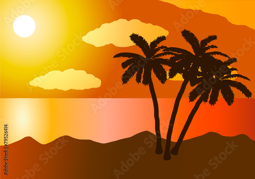 Vector illustration. Sunset in the ocean  beach  palm tree