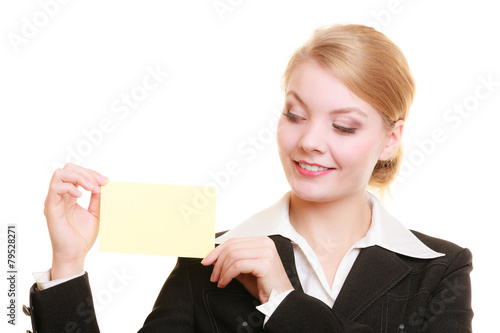 Ad. Businesswoman holding blank copy space card