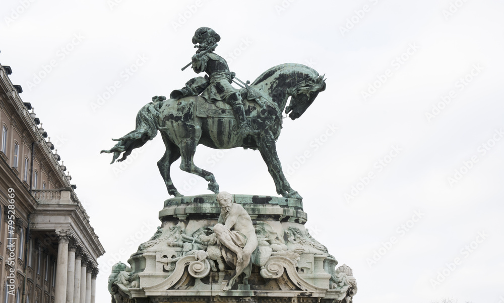 Bronze statue of a warrior riding horse in Budapest