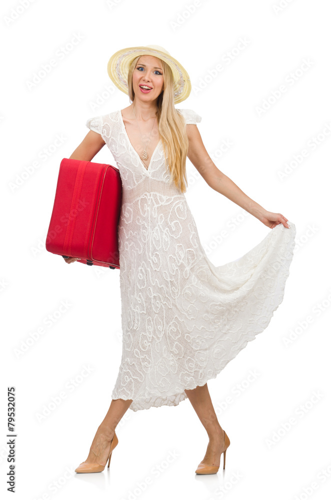 Woman with red suitcase isolated on white Woman with red suitcase isolated on white