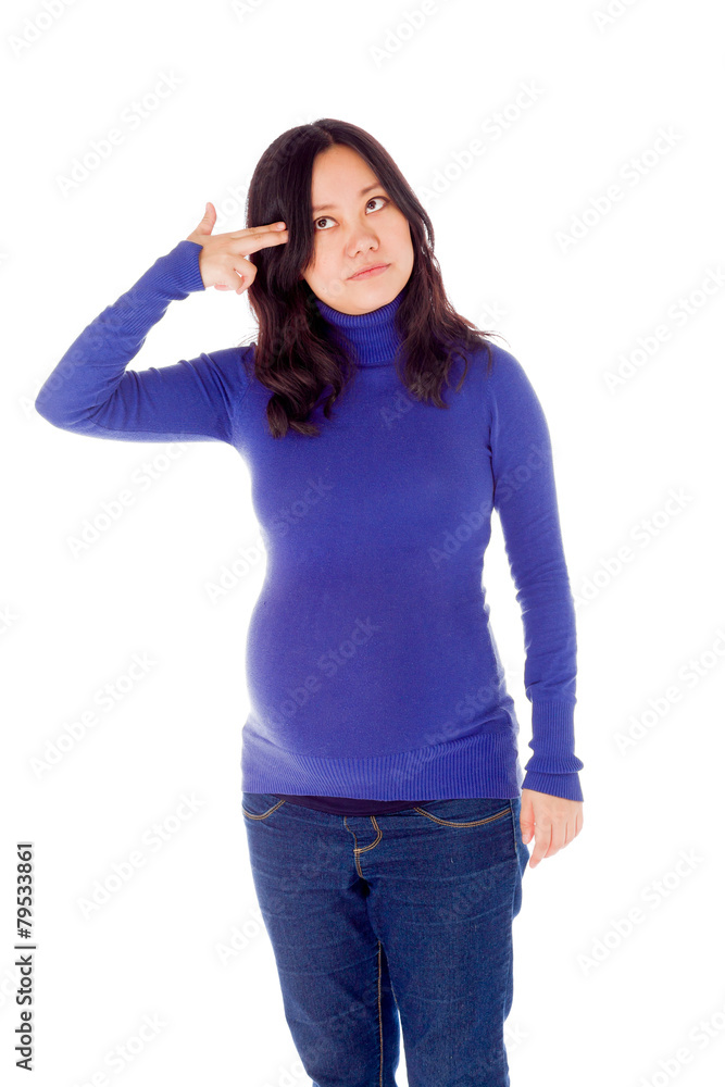 Pregnant asian woman isolated on white shouting herself Pregnant asian woman isolated on white shouting herself
