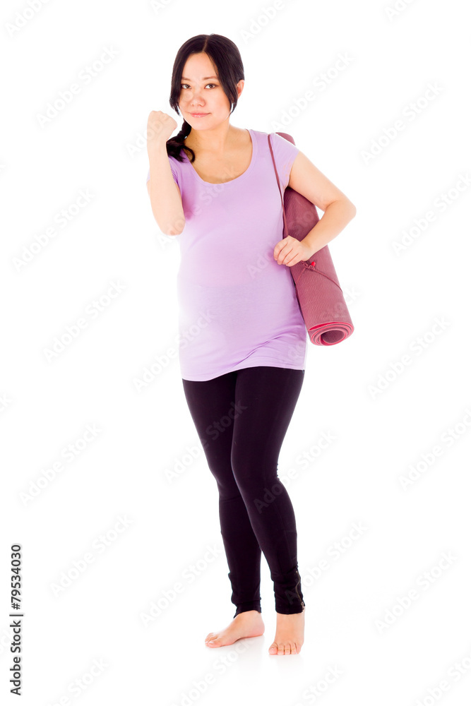 Pregnant asian woman isolated on white showing fist for strength Pregnant asian woman isolated on white showing fist for strength