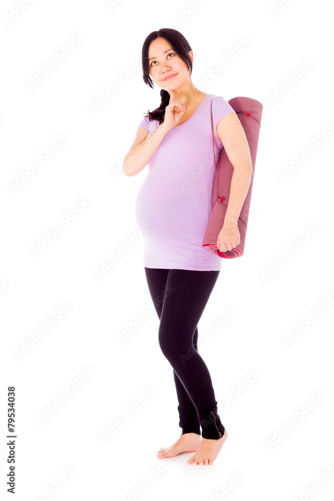 Pregnant asian woman isolated on white thinking Pregnant asian woman isolated on white thinking