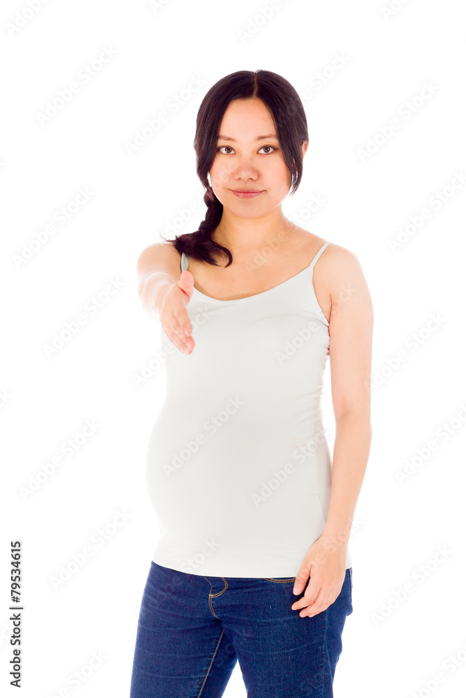 Pregnant asian woman isolated on white hand shake Pregnant asian woman isolated on white hand shake