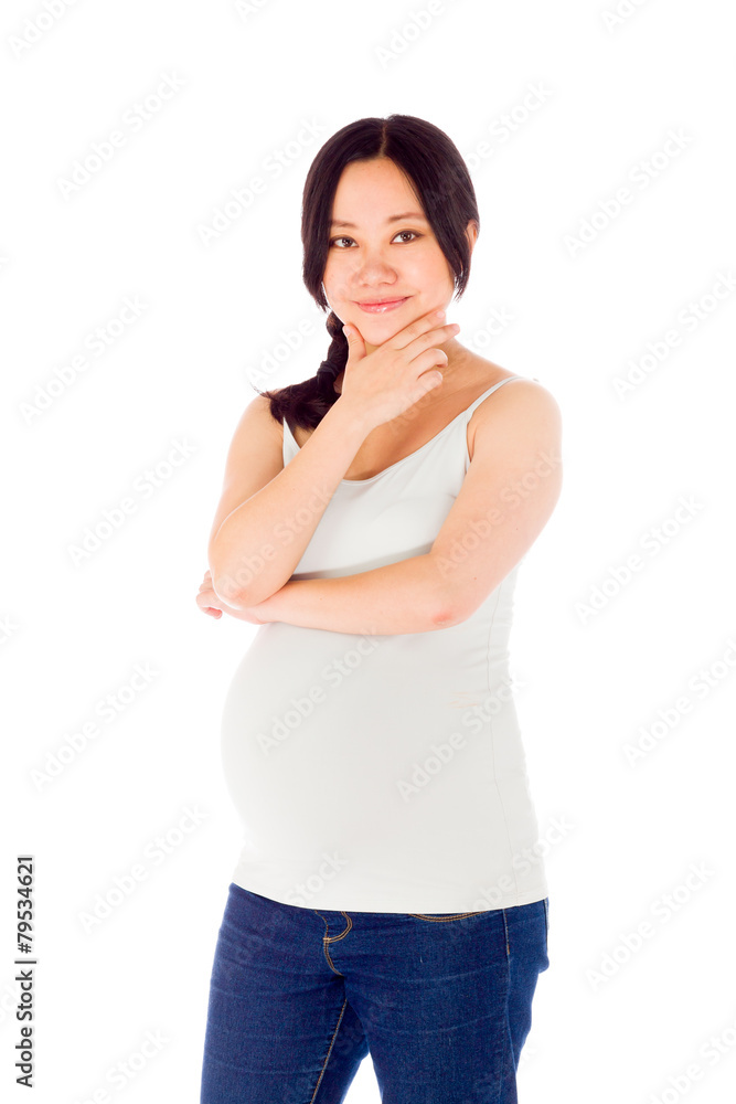 Pregnant asian woman isolated on white thinking Pregnant asian woman isolated on white thinking