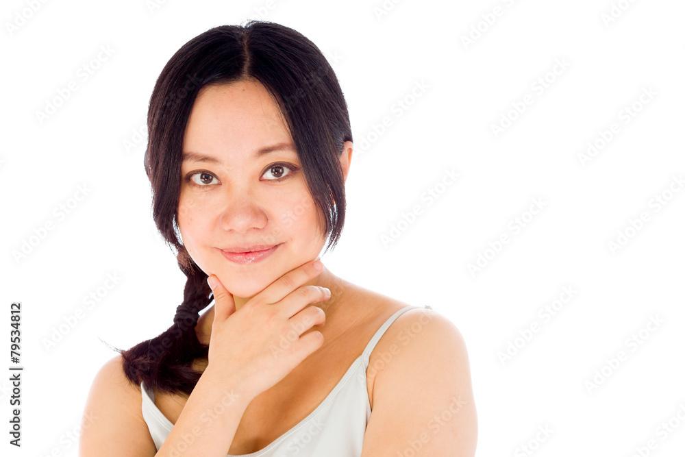 Pregnant asian woman isolated on white thinking Pregnant asian woman isolated on white thinking