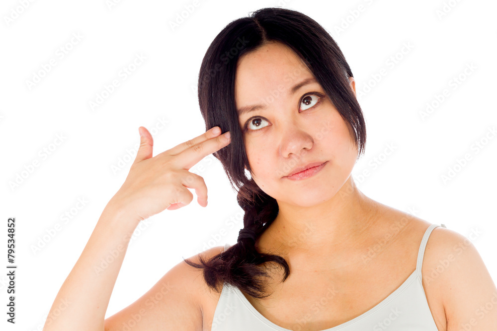 Pregnant asian woman isolated on white shouting herself Pregnant asian woman isolated on white shouting herself