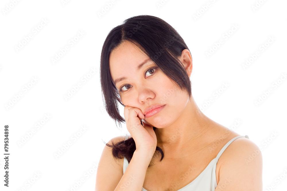 Pregnant asian woman isolated on white boredom Pregnant asian woman isolated on white boredom