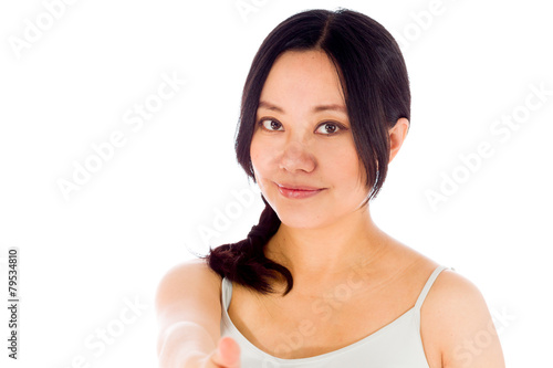 Pregnant asian woman isolated on white hand shake