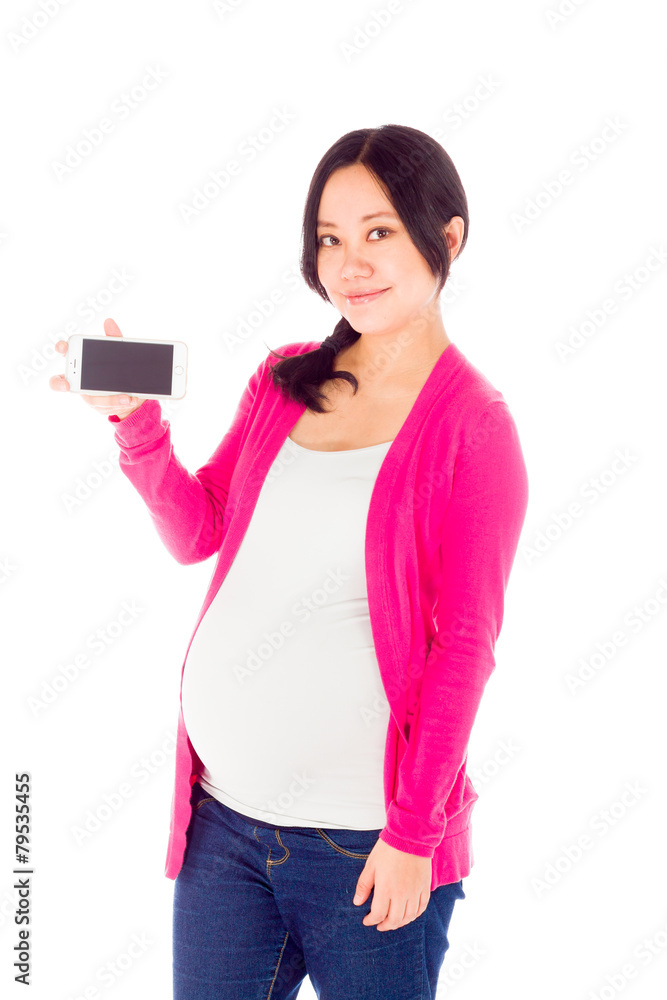 Pregnant asian woman isolated on white with cell phone Pregnant asian woman isolated on white with cell phone