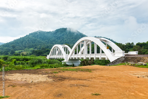 white railway bridge and mountain in background