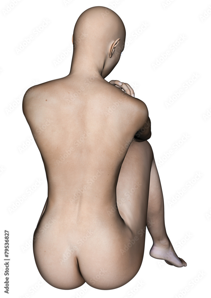 Naked woman sitting. Back view. Isolated on white. ilustração do Stock