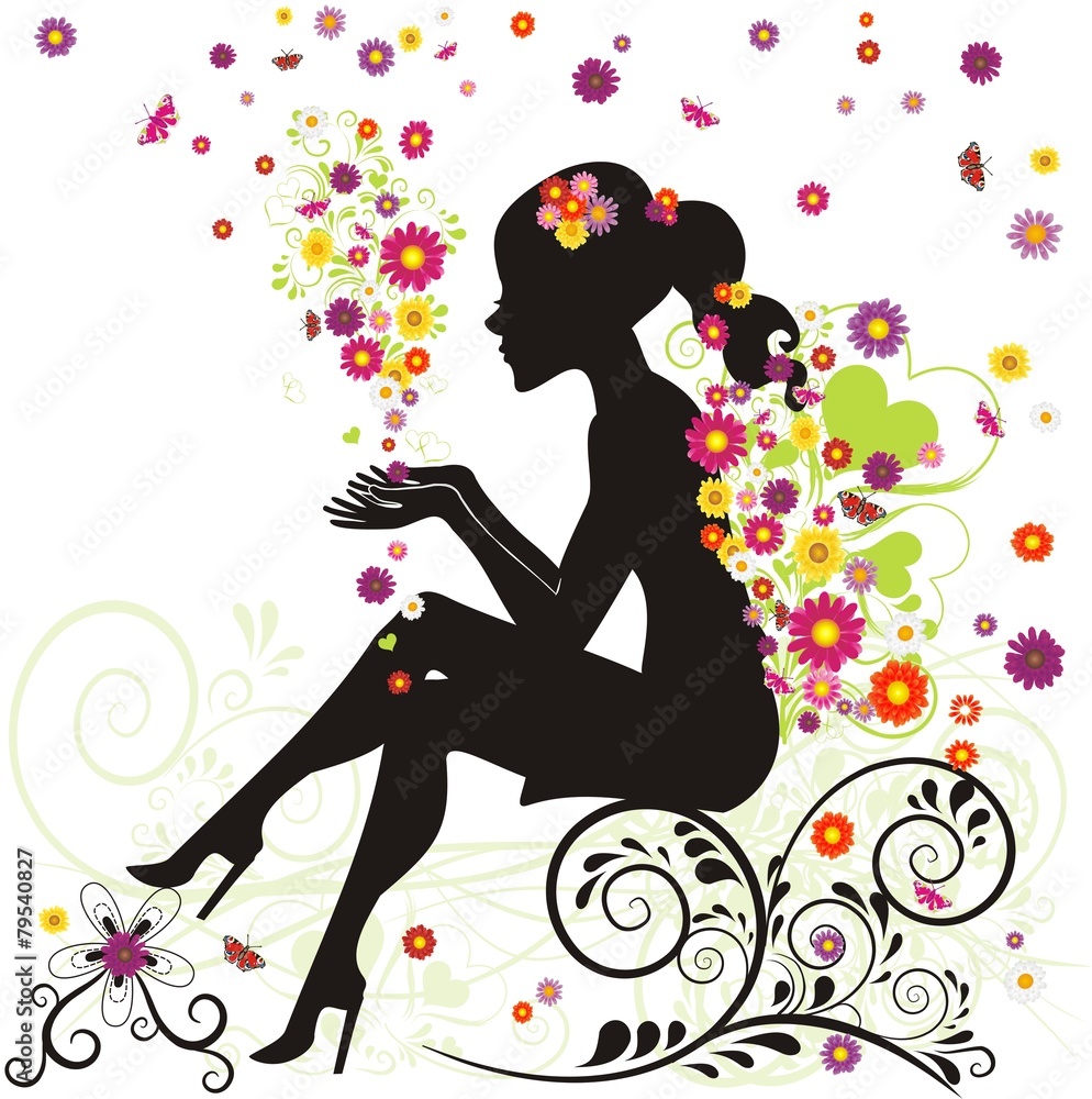 Frau mit Blüten und Schmetterlingen