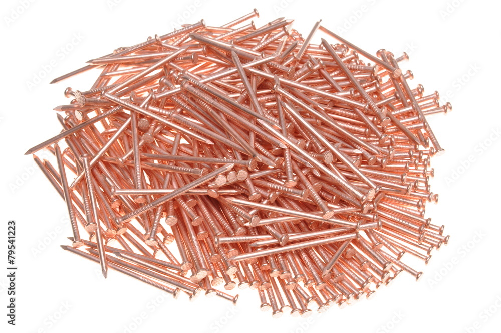 Pile of red nails isolated on white background