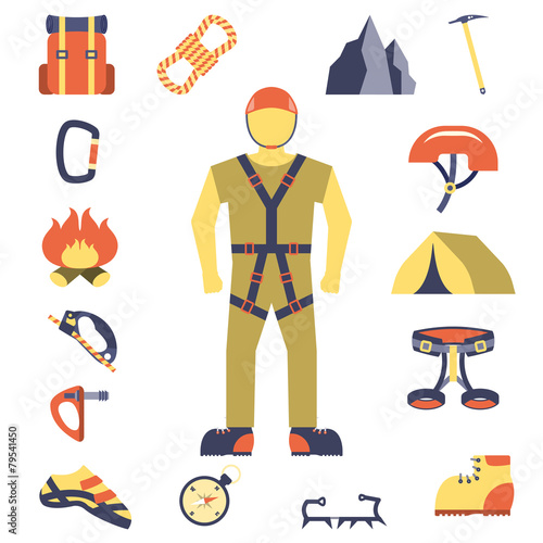 Climber gear equipment icons flat