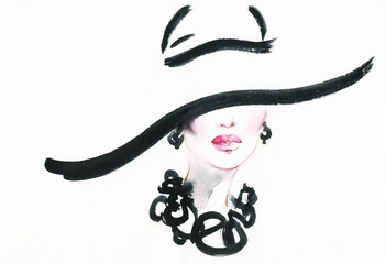 Leinwandbilder Aquarell Gesicht woman portrait with hat  © Anna Ismagilova