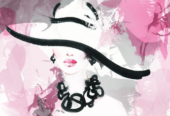 Leinwandbilder Aquarell Gesicht woman portrait with hat  © Anna Ismagilova