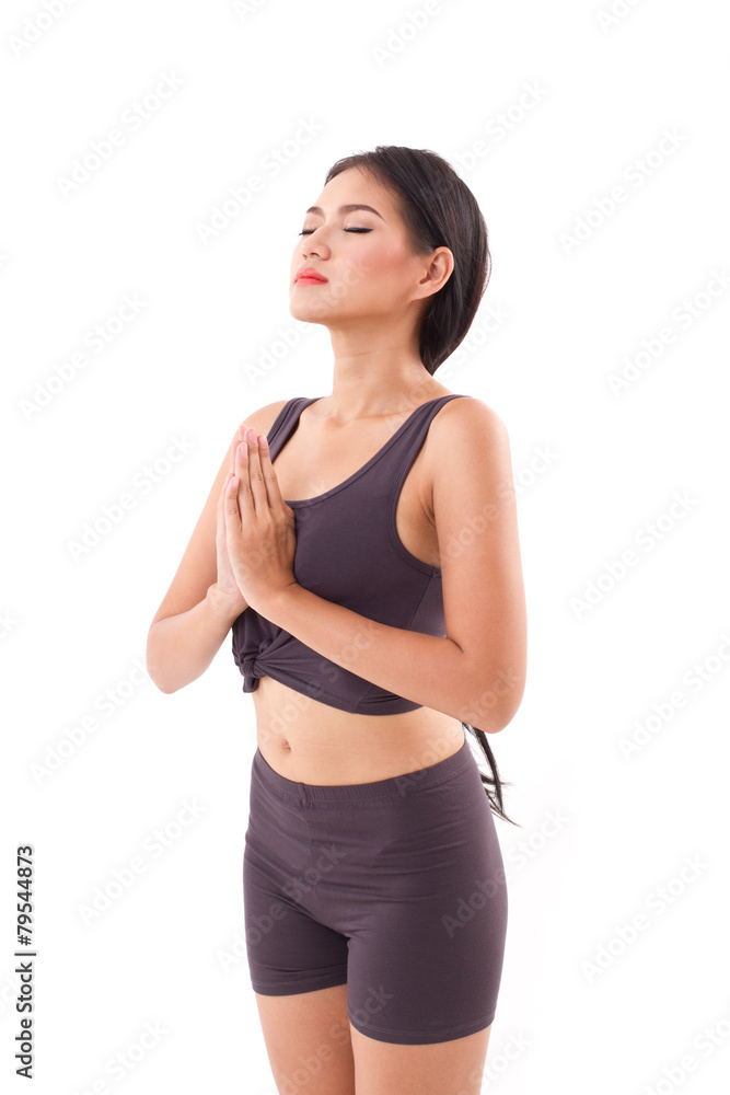 active woman practicing yoga sun salutation, stretching exercise active woman practicing yoga sun salutation, stretching exercise