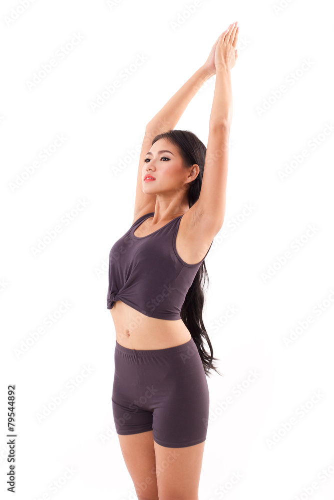 active woman practicing yoga sun salutation, stretching exercise active woman practicing yoga sun salutation, stretching exercise