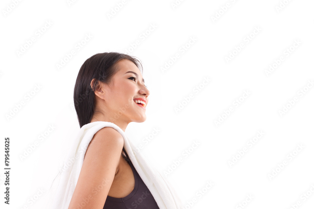 happy, sporty, fitness woman posing with towel happy, sporty, fitness woman posing with towel